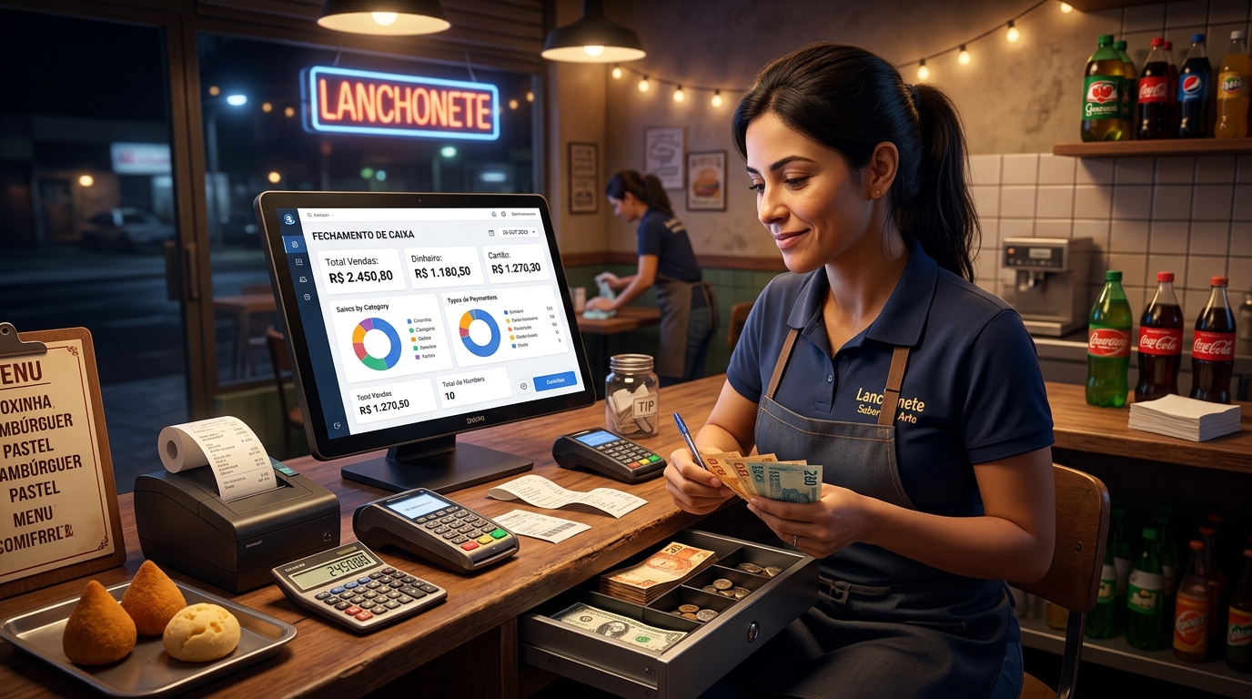 Operadora de lanchonete conferindo fechamento de caixa em um sistema PDV