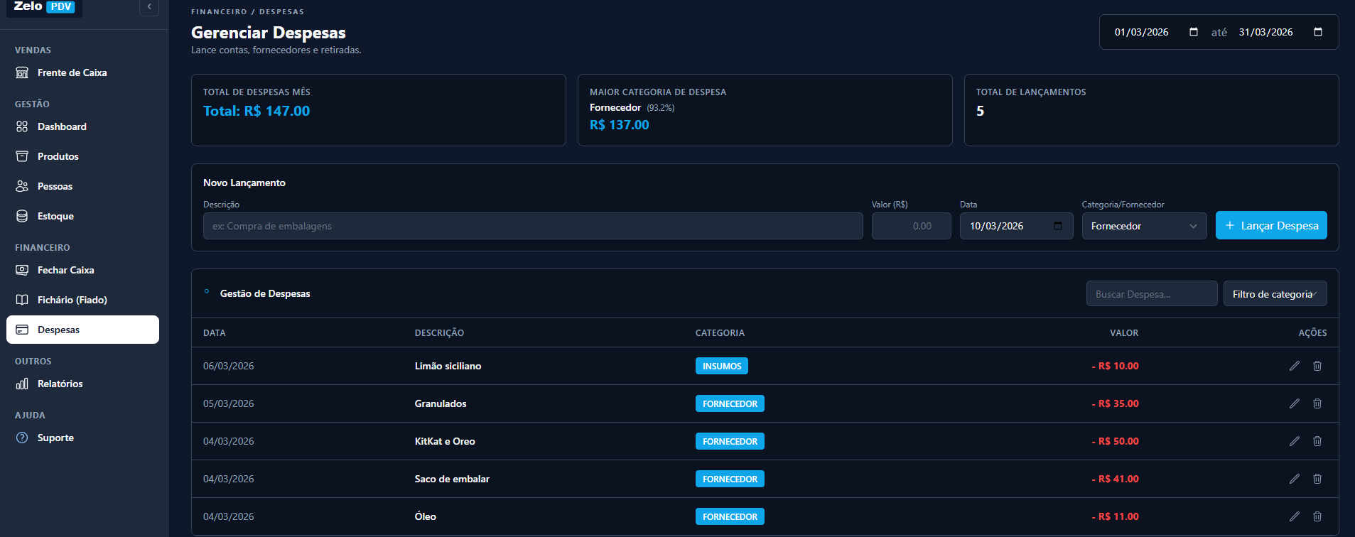 Tela de Controle de Despesas Lanchonete